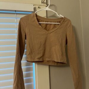 Tan V-Neck Long Sleeve Crop Top